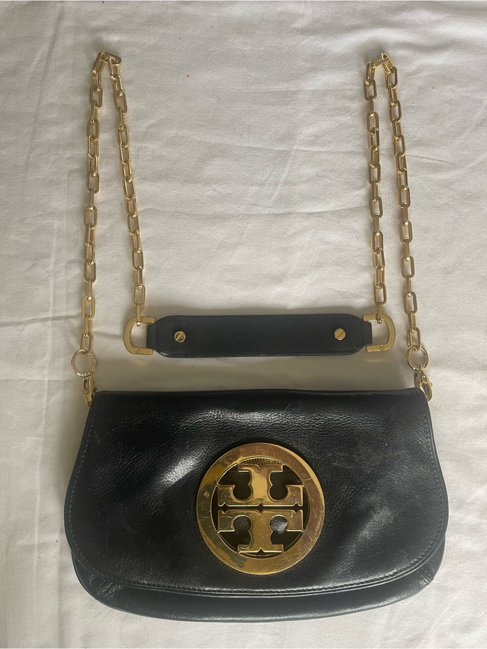Tory Burch Black Leather Shoulder Bag with Gold Logo and Chain